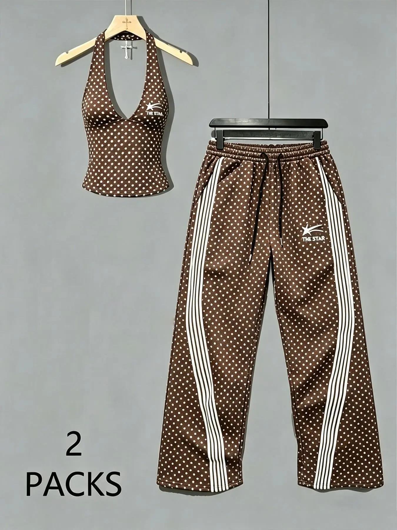 Women's 2-Piece Sporty Casual Set, Retro Y2K Style, Deep V Backless Top, High-Waisted Wide Leg Pants, All Seasons Fashion, Athleisure Outfit