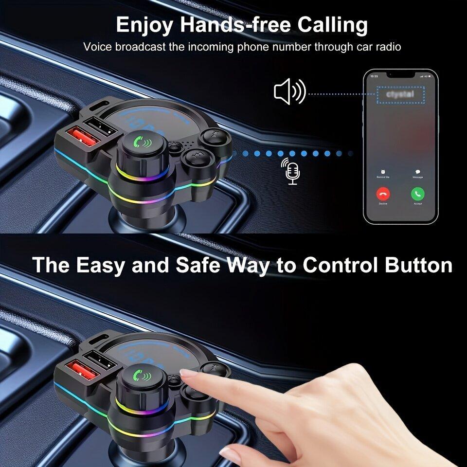 Bluetooth 5.3 Car FM Transmitter, Wireless Radio Adapter with PD 30W & USB Fast Charger, Colorful RGB Light, Hands-free Calling, Bass Music Player for All Cars