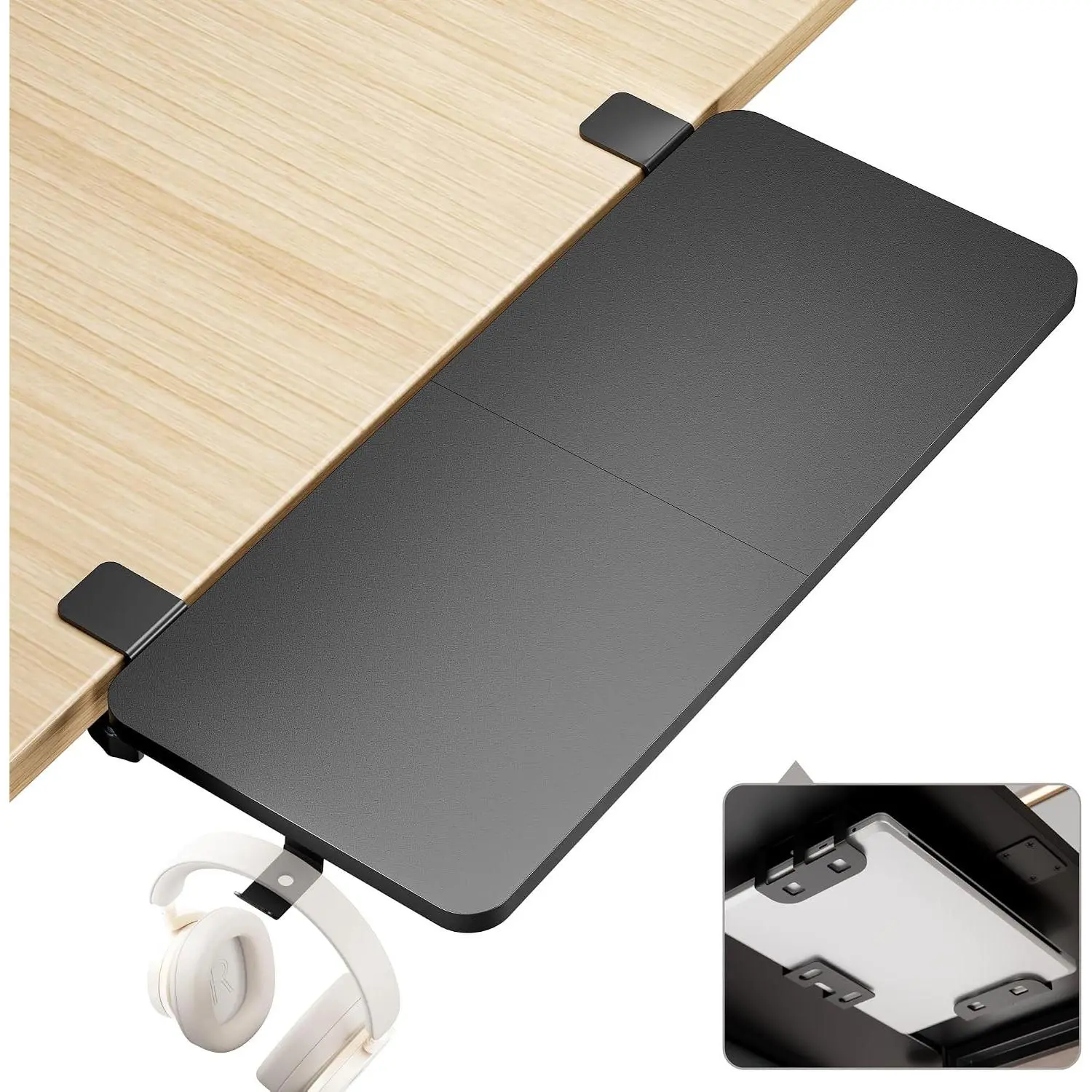 Desk Extender Tray, 28" x 12", with Laptop Holder, Large, Black | Desk Extension, Clamp on Desk Shelf, Clamp On Keyboard Tray for Office and Home, Workstation Organizer