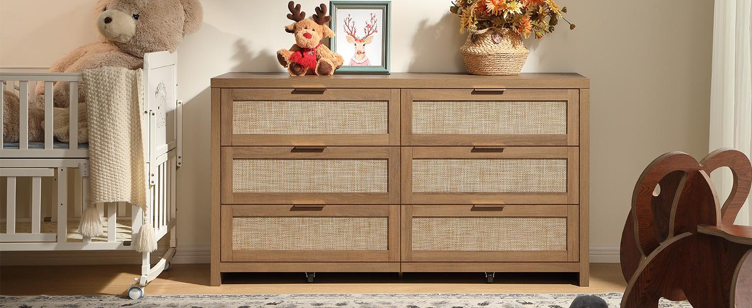 SICOTAS Rattan Dresser for Bedroom, 17.7" x 56.9" x 31.3" Size 6 Drawer Dresser with Ample Storage,Unique Engineered Wood Dressers Large Chest of Drawers for Nursery, Closet, Boho TV Stand for Bedroom, Sturdy and Durable, Easy Installation