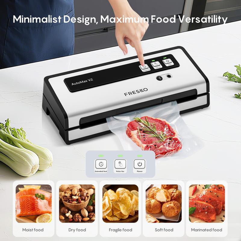FRESKO AutoMax V2 Compact Vacuum Sealer Machine, Automatic Food Saver with Double Heat Seal, Includes Bags & Starter Kit