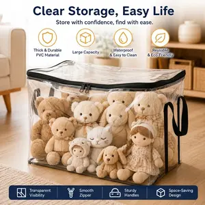 Clear PVC Stuffed Animal Storage Bag, Dustproof Plush Toy Organizer Box with Handle, Kids Playroom & Bedroom