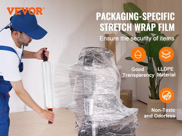 VEVOR Stretch Film, 15 inchesx 1000 feet, 4 Pack, 60 Gauge Industrial Strength Clear Durable Stretch Wrap Roll, Heavy Duty Shrink Film Stretch Wrap with Handles for Pallet Wrapping Shipping Moving