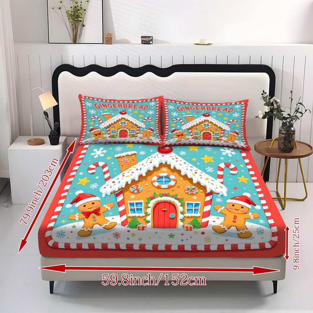Fitted Sheet 3-Piece Set 2D Flat Gingerbread Man Pattern Mattress Cover (1 fitted sheet + 2 pillowcases, no insert), stylish, soft, and comfortable sheets, skin-friendly and breathable bedding, suitable for family bedrooms and guest rooms, all year round.