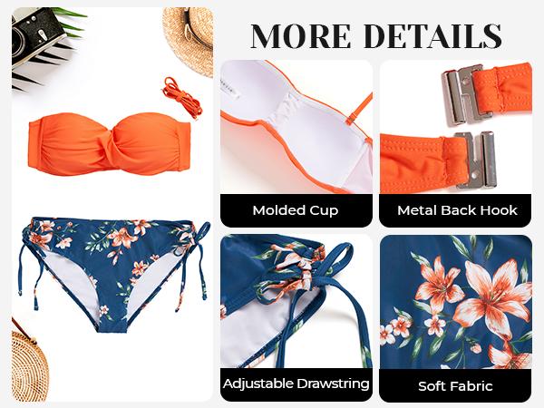 Tempt Me Women's Strapless Bandeau Bikini Set - Twist Front Two Piece Swimsuit Top with Side Tie Bathing Suit Bottom