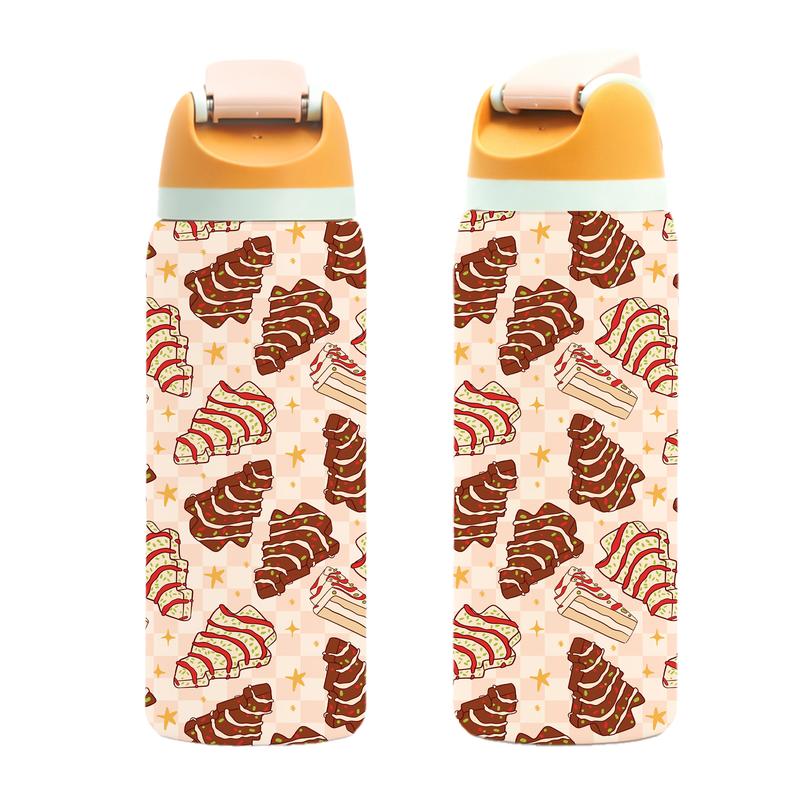 1 Pc19/24/32oz double wall insulated thermal mug, leak-proof skinny vacuum cup, Christmas cake and tree dessert pattern, pink background festive design, keeps hot 12 hours cold 24 hours, perfect gift for women men, holiday travel mug for hot cold drinks