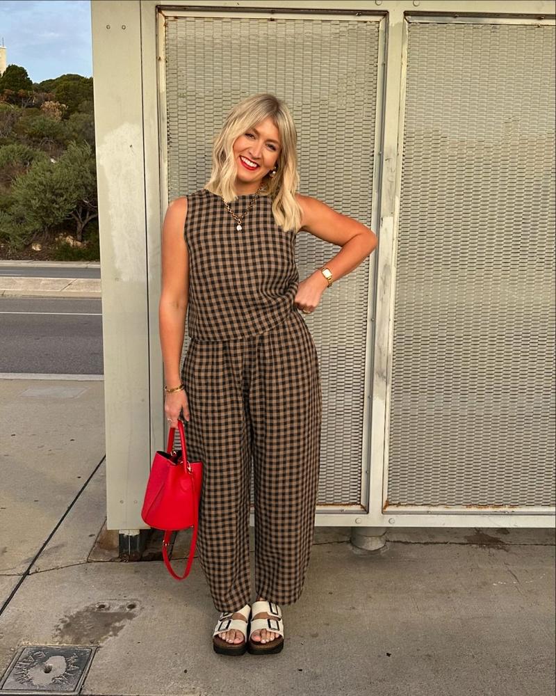 Summer New Women's 2 Piece Set Cotton Plaid Crop Top Loose Fit Pocket Nine-Tenths Pants, Beach Vacation Casual Daily Wear