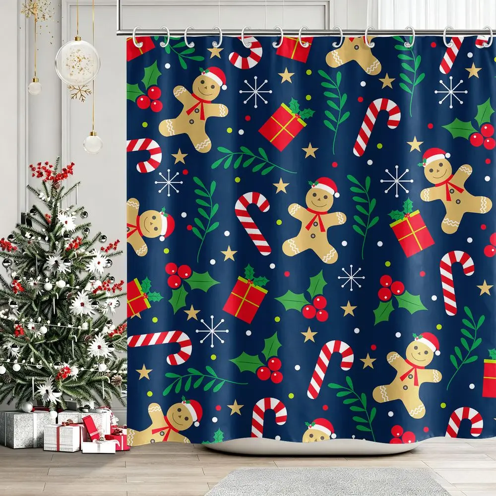 1Pcs Christmas Gingerbread Man Shower Curtain, Waterproof Cloth Fabric Bathtub Privacy Curtain, Festive Holiday Bathroom Decor Set for Home Winter Seasonal Decoration with 12 Hooks