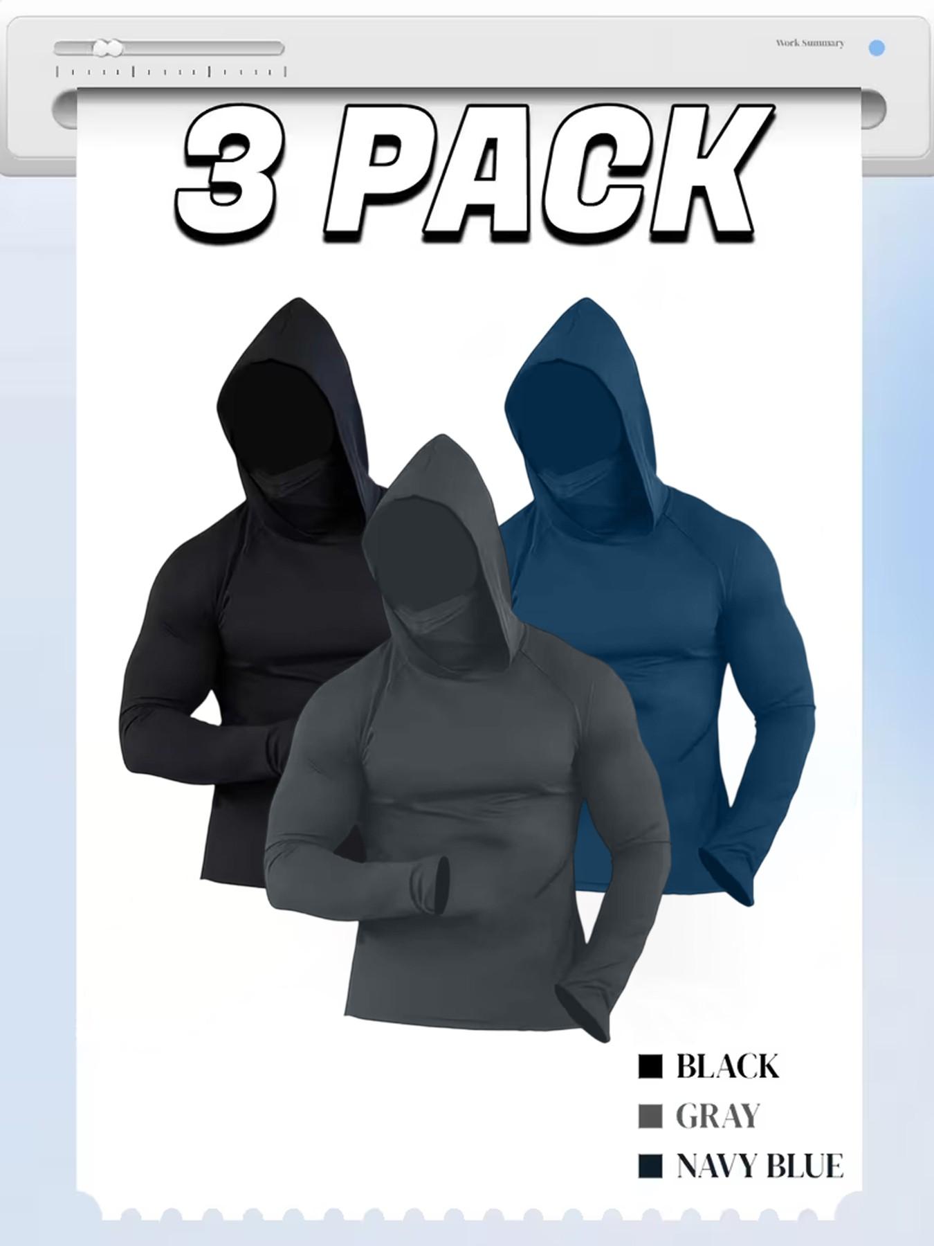3 Pack Men's Hooded Balaclava Long Sleeve Shirt with Thumb Holes, Quick Dry Sun Protection Compression Base Layer, Breathable Tactical Hoodie for Cycling, Fishing, Hiking, Workout #springsaledeals2026 #summeroutfits #tiktokshopmademebuyit #menoutdoor