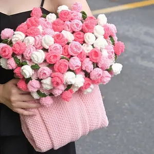 Handmade Crochet Blanket Finished Rose Flower Bouquet Blankets Red Wedding Decoration Blanket New Year Valentine's Day Gift
