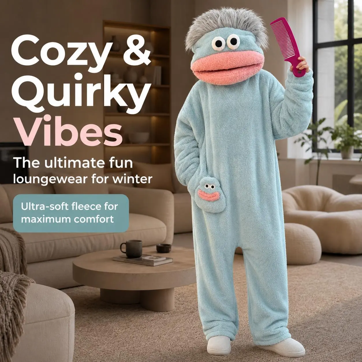 Adult Ugly Big Mouth Cartoon Onesie Pajamas Thick Coral Fleece Hooded Full Body Jumpsuit With Matching Slippers And Free Plastic Comb 3 Colors Funny Weird Character Loungewear Halloween Cosplay Sleep Costume