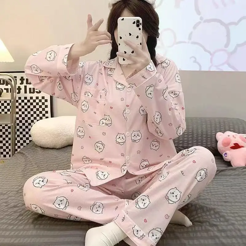 Anime Women Pajamas Suit Usagi Chiikawa Cotton Cartoon Hachiware Spring Casual Home Wear Kawaii Long-Sleeved Pants Nightclothes