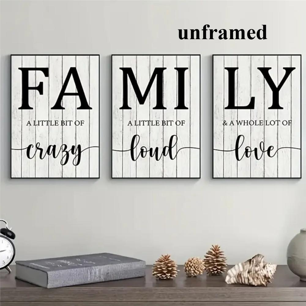 3-Piece Optional Wooden Frame Modern Simple Black White Family English Alphabet Typography Art Canvas Poster High Precision Color Micro-spray Moisture-proof Coating Clear Text No Color Difference Excellent Flatness Living Room Shared Space Decor