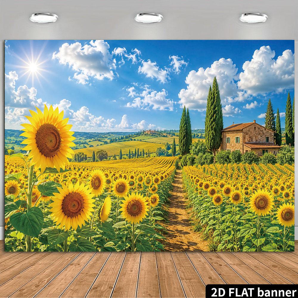 Tuscany Sunflower Field 2D Flat Banner | Rustic Countryside Landscape Backdrop | Single-Sided Polyester | Metal Grommets for Easy Hanging