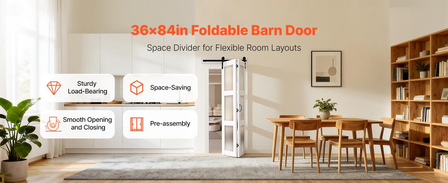 VEVOR Bifold Barn Door, 36x 84, MDF with Tempered Glass Bi-Fold Sliding Closet Doors, Hardware Kit Included, Space-Saving Design, Pre-Assembled Panels for Bedroom, Living Room, Wardrobe, White