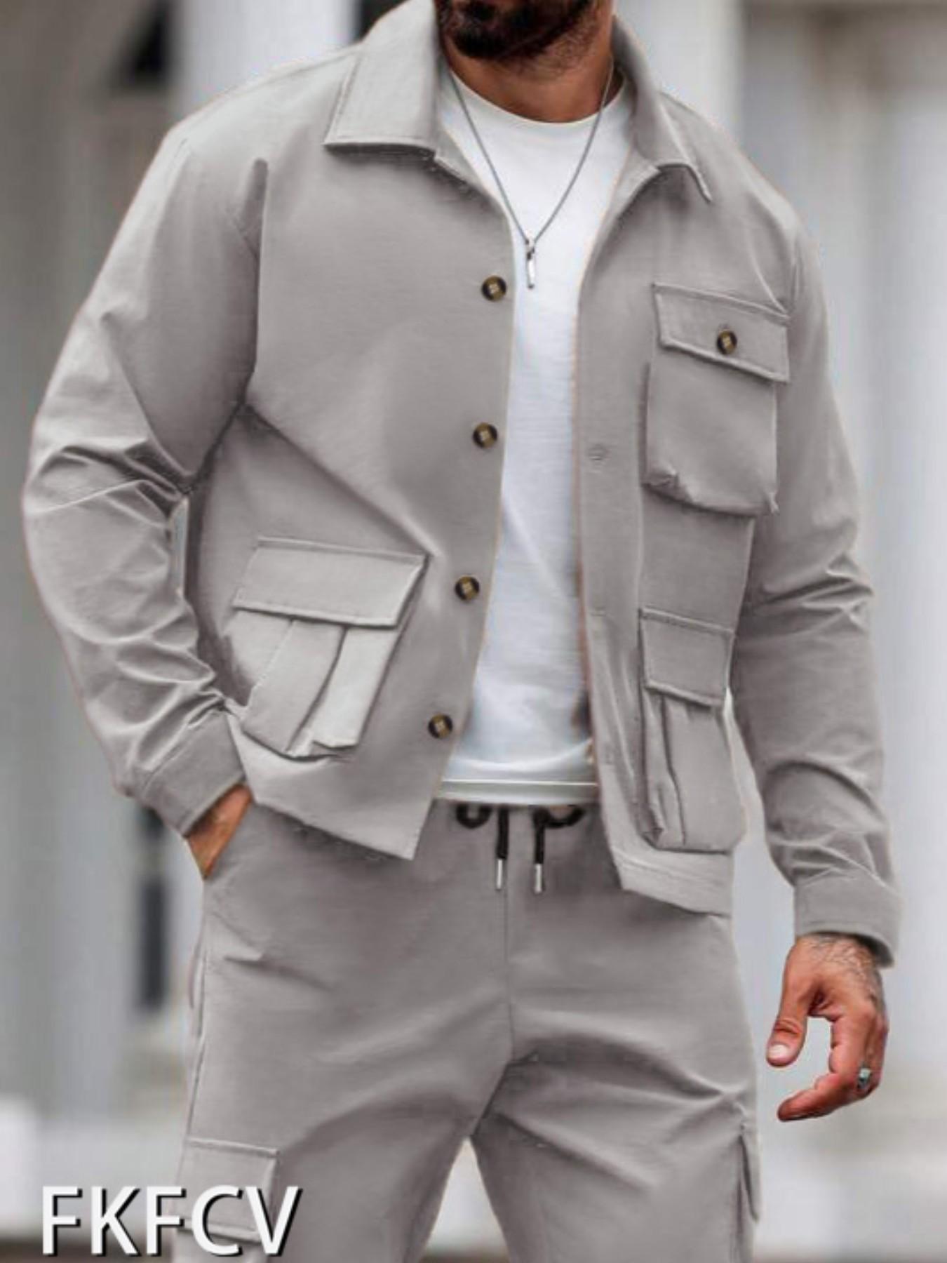 Fkfcv High-Quality Fabric Men's Jacket, Stylish Classic Long Sleeve Streetwear with Pockets, Perfect for Cold Autumn and Winter Seasons