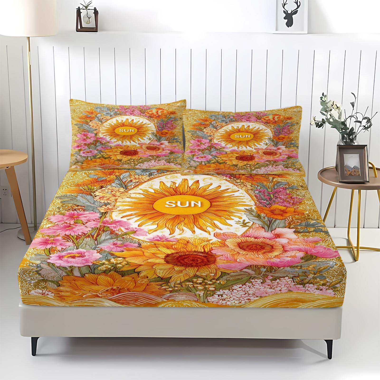 3-Piece Sunflower Patterned Bed Sheet Set, Soft And Durable Bedding Set, Including 1 Bed Sheet And 2 Pillowcases, Suitable For Children And Adults For Daily Holiday Birthday Gifts, Bedroom Decorations