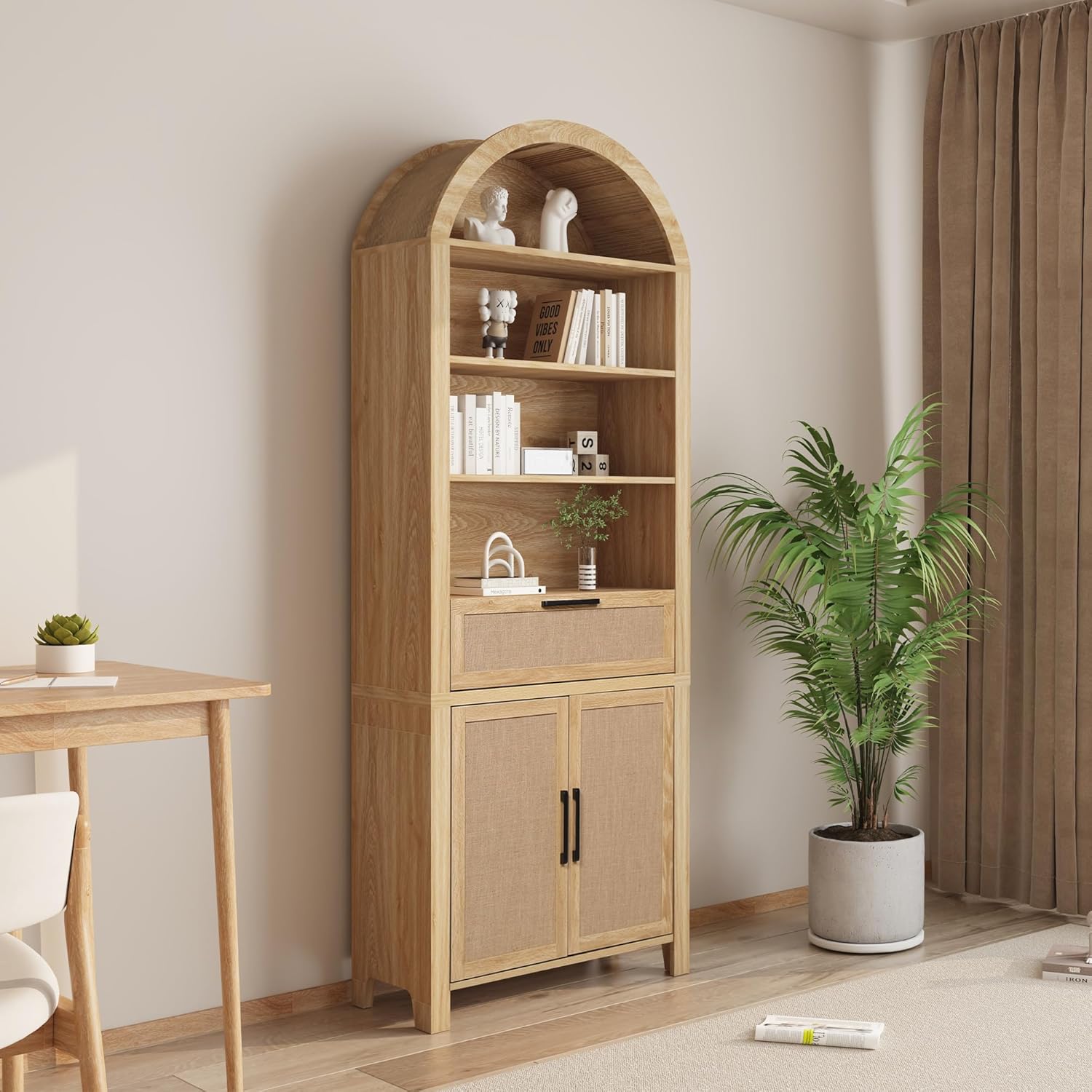 Giratree 79" Tall Arched Bookcase with Storage, Mid Century Modern 6-Tier Cabinet with Door and Drawer, Arched Bookshelf with Open Display Shelf for Office Living Room kitchen storage cabinet