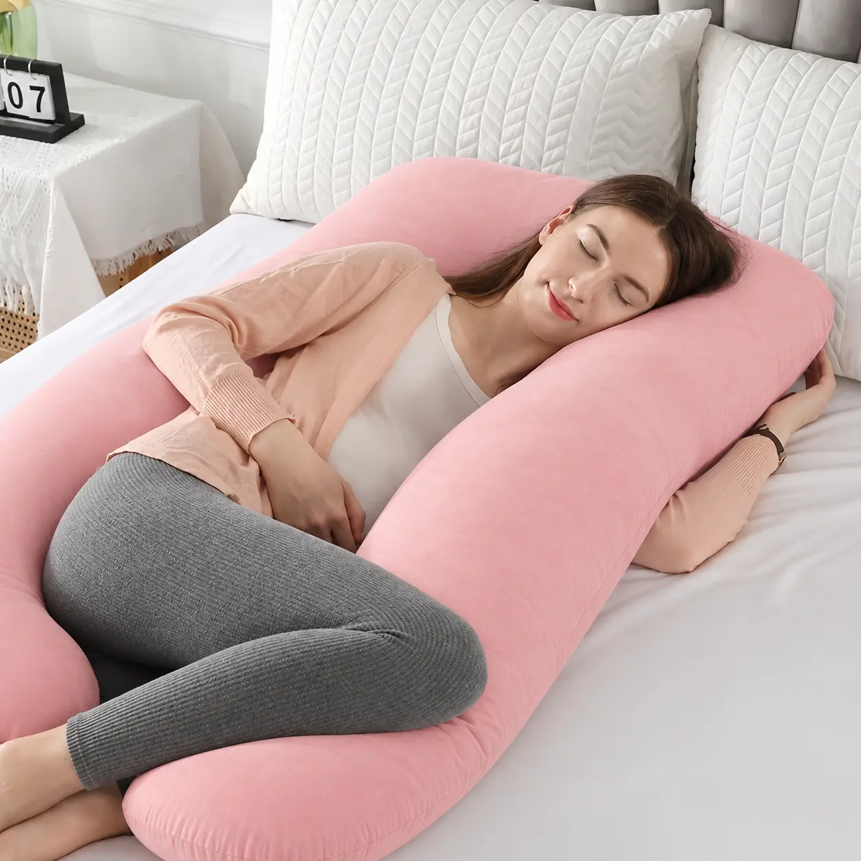 U-Shaped Ergonomic Full Body Pillow, 49.21 in Soft Velvet Sleeping Pillow for Side Sleepers, Prop 65 Safe, Supports Belly-Back-Hips-Knees, Removable Washable Cover