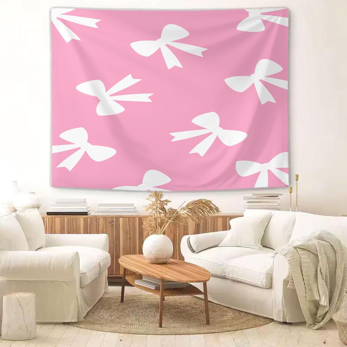 Bow Print Wall Tapestry, Minimalist Bedroom Wall Decor with Heart Accents, Aesthetic Gift for Girls