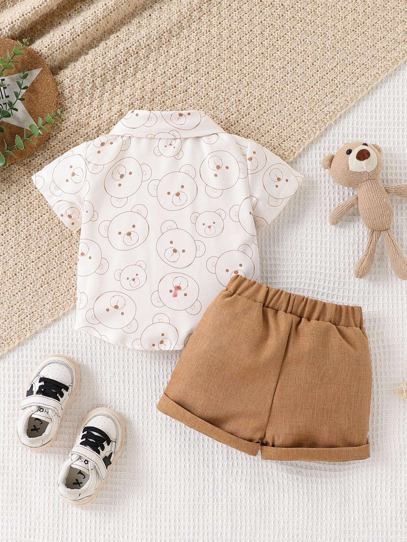 Baby Boy Bear Print Short Sleeve Shirt with Bow Shorts Set, Cute Gentleman Style Summer Comfort Two-Piece, Kids Fashion Clothing