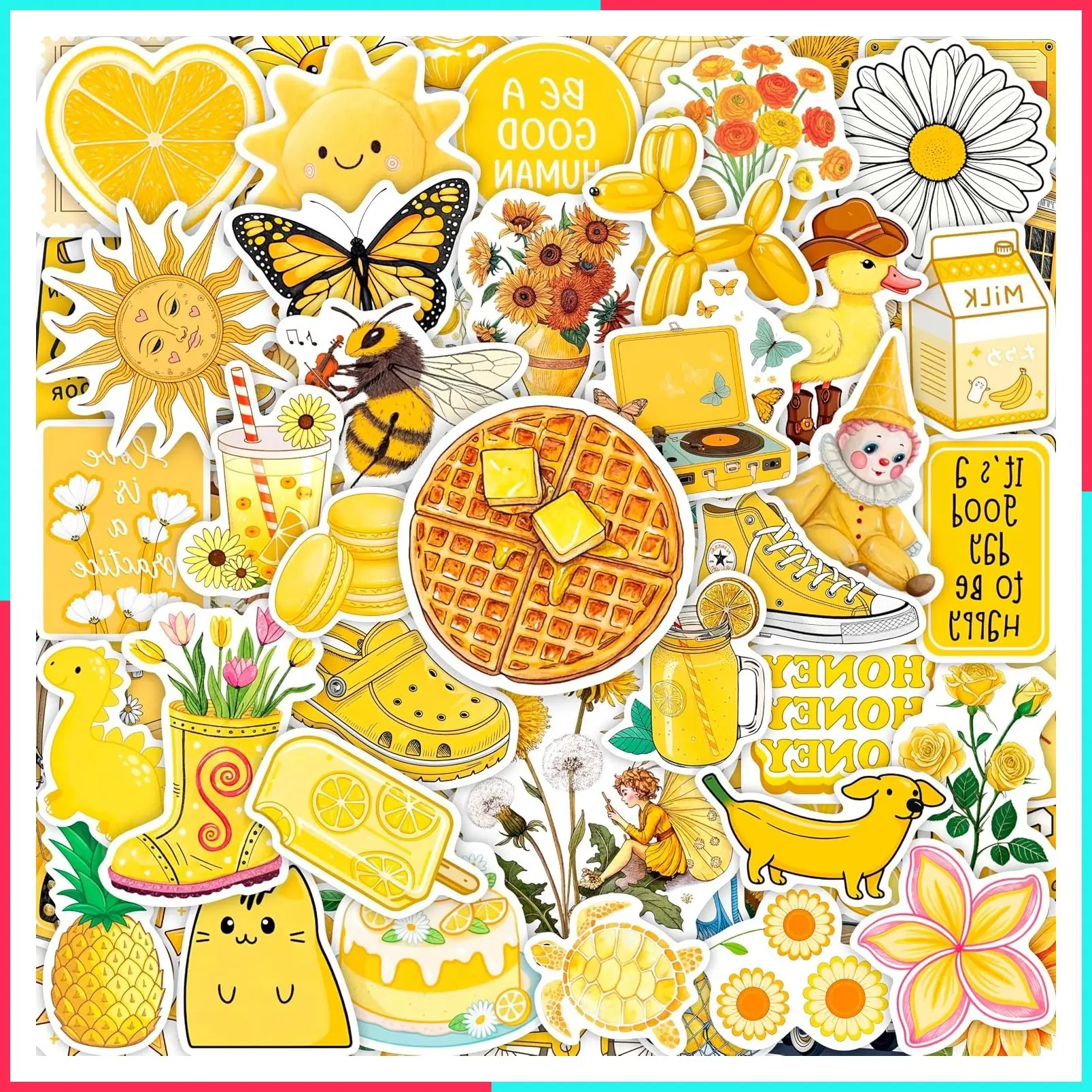 100Pcs Cute Yellow Aesthetic Stickers for Water Bottles, Laptops, Luggage - Kawaii Girly Scrapbook Decor