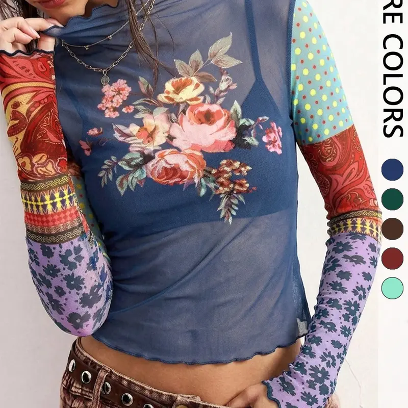 Y2K Floral Sheer Mesh Crop Top Contrast Patchwork Long Sleeve Shirt Cropped