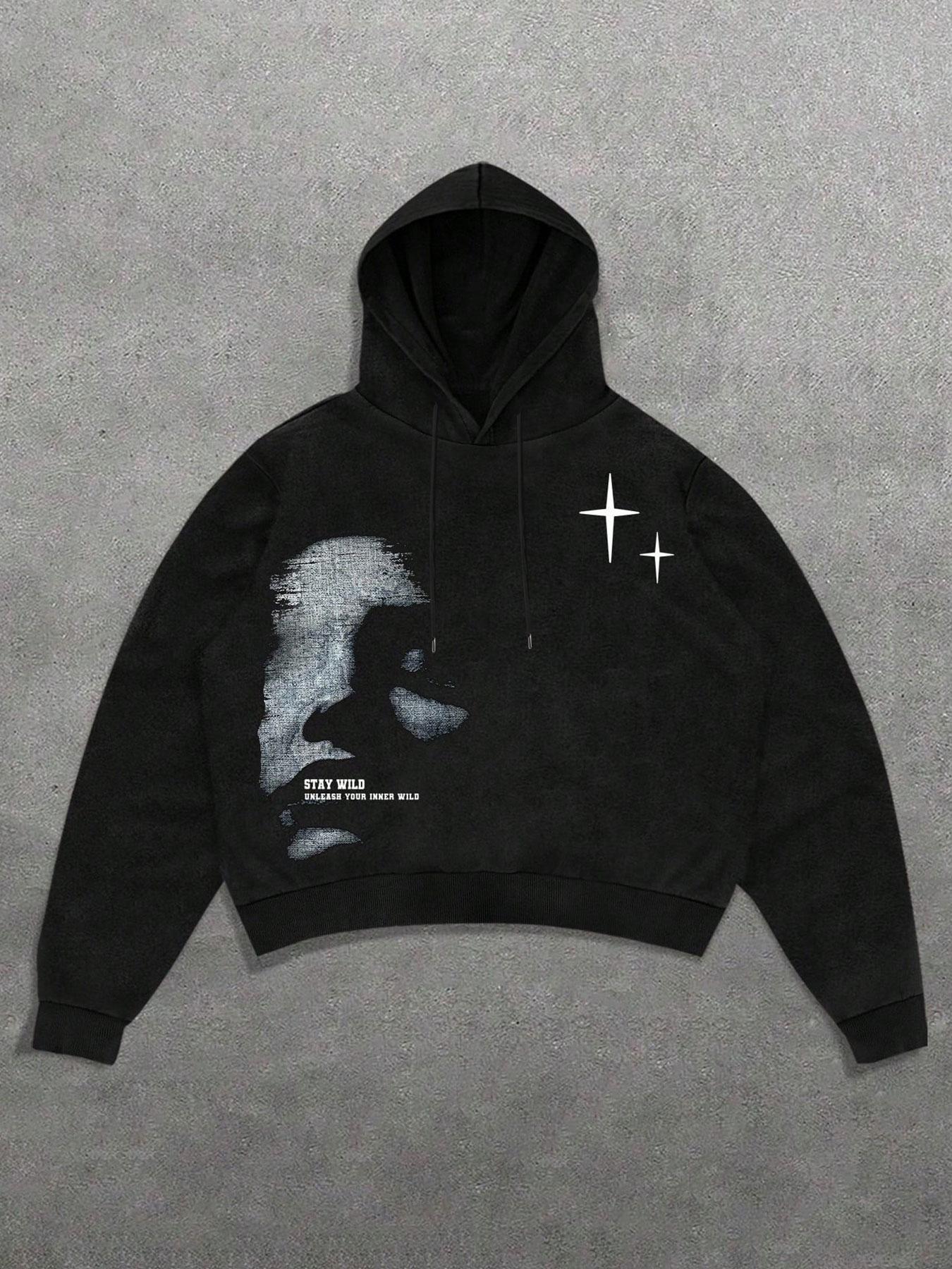 Men's Black Cropped Hoodie Letter Logo with "Stay Wild" Graphic | Grunge Street Style