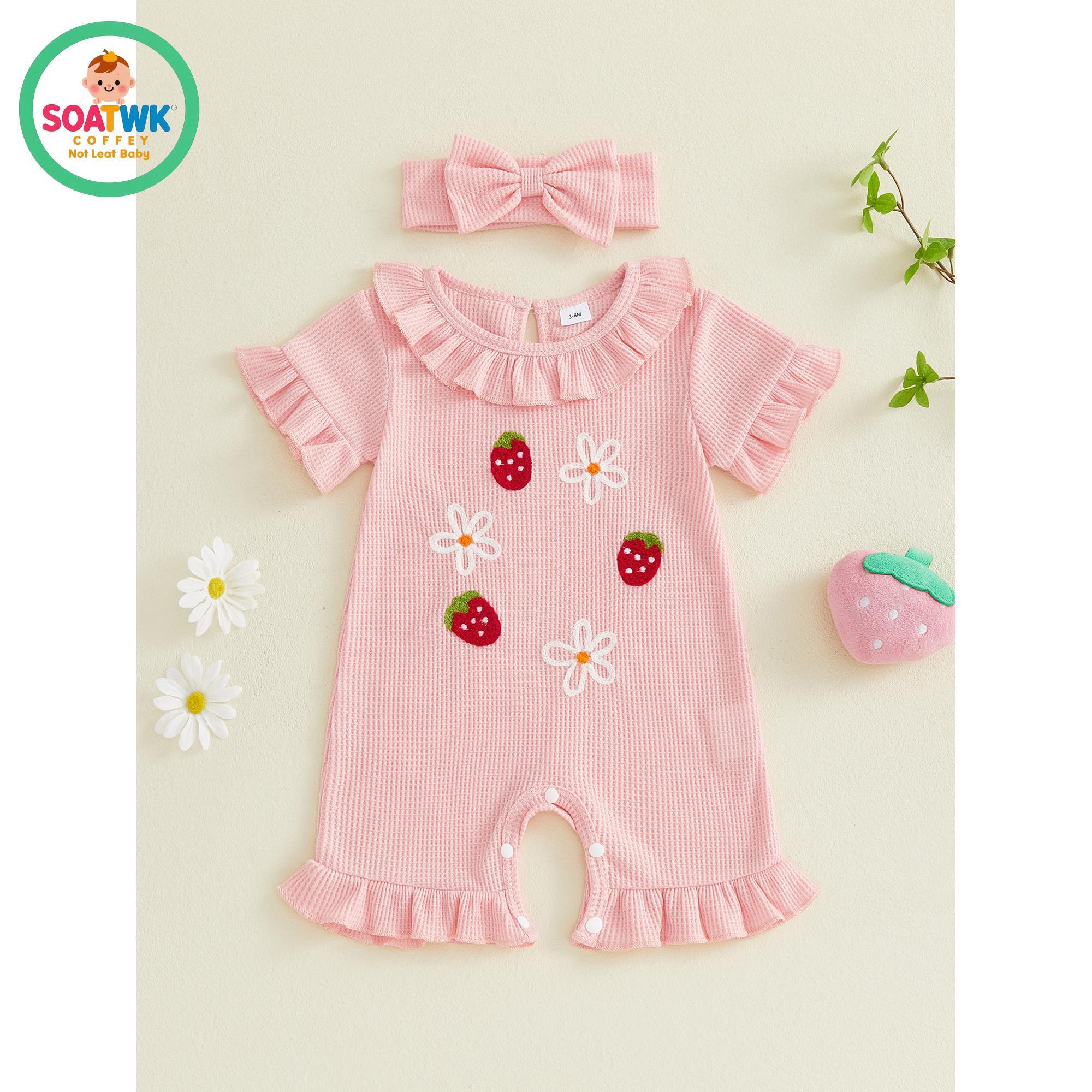 Baby Girl Summer Romper Strawberry Floral Embroidery Ruffles Short Sleeve Jumpsuit with Cute Headband Set