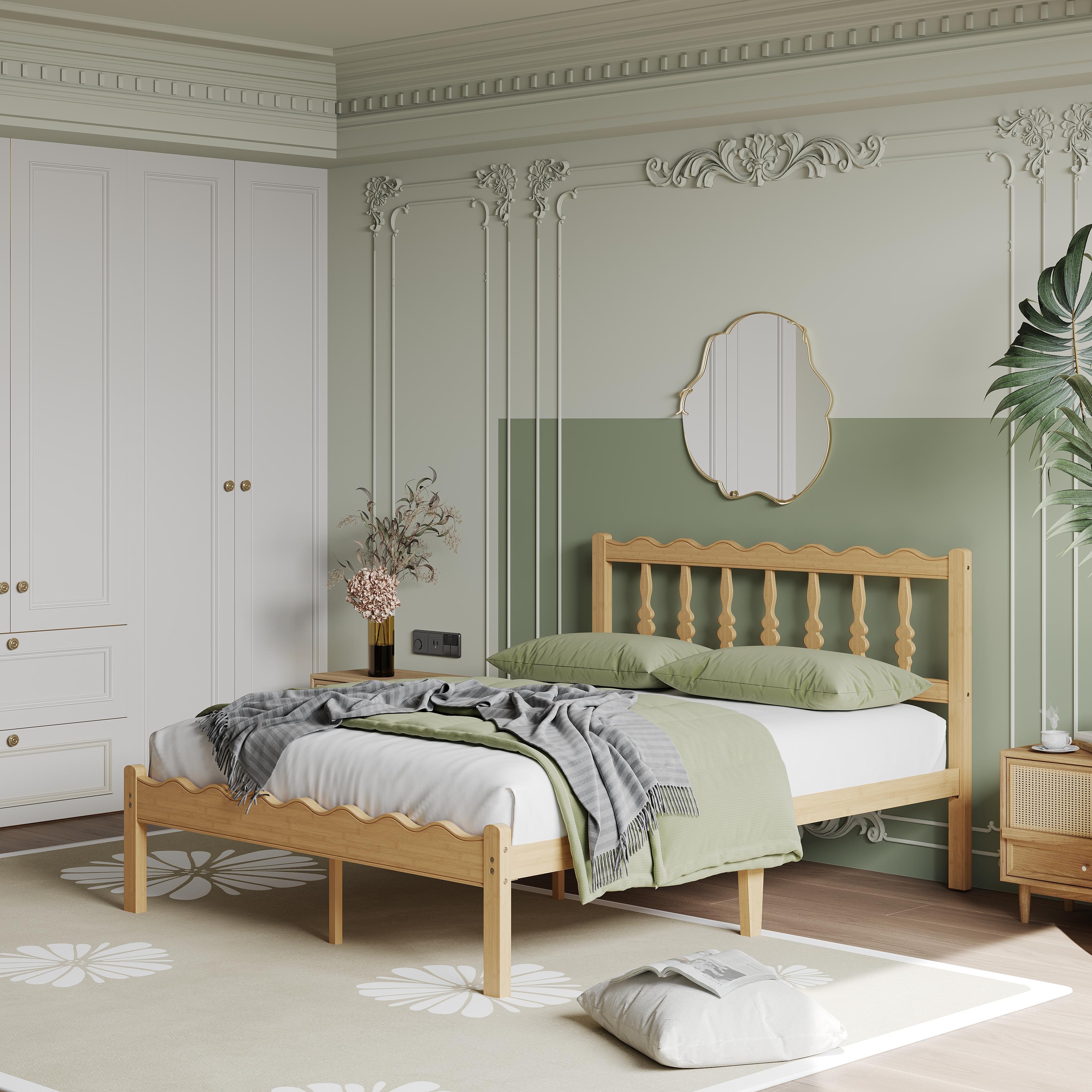 Aardhen Modern Platform Bed Frame with Wavy Headboard 14in Height No Box Spring Needed Easy Assembly with Metal Slats for Silent Stability