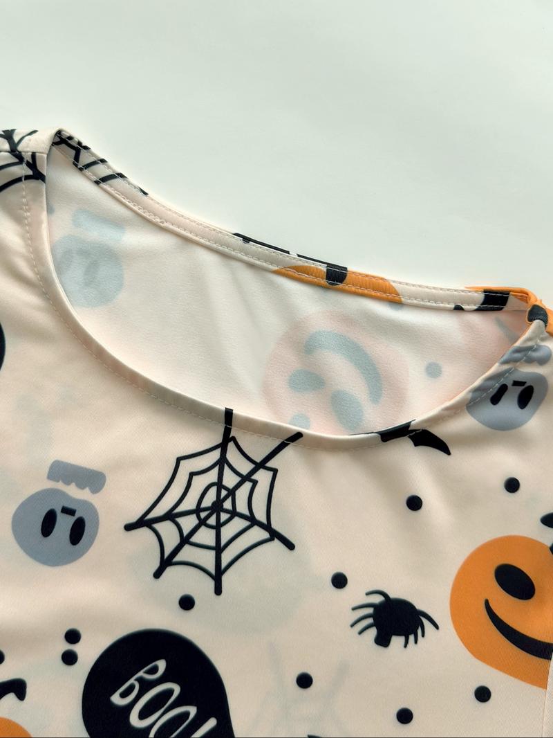 Women Halloween Two Piece Set Pumpkin Print Long Sleeve Crop Top Flare Pants Outfit Ghost Bat Spider Web Design Holiday Party Clubwear Casual Fall Festival Look Comfortable Fashion Matching Set Halloween Costume