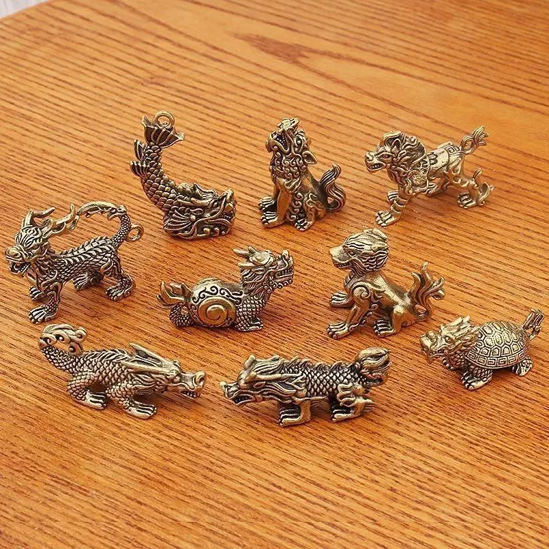 9Pcs Vintage Brass Dragon 9 Sons Statue Set - Handmade Mini Oriental Mythology Collectibles, No-Power-Required Tabletop Decor for Bedroom-Office, Unique Cultural Souvenir & Premium Birthday Gift for Art Lovers