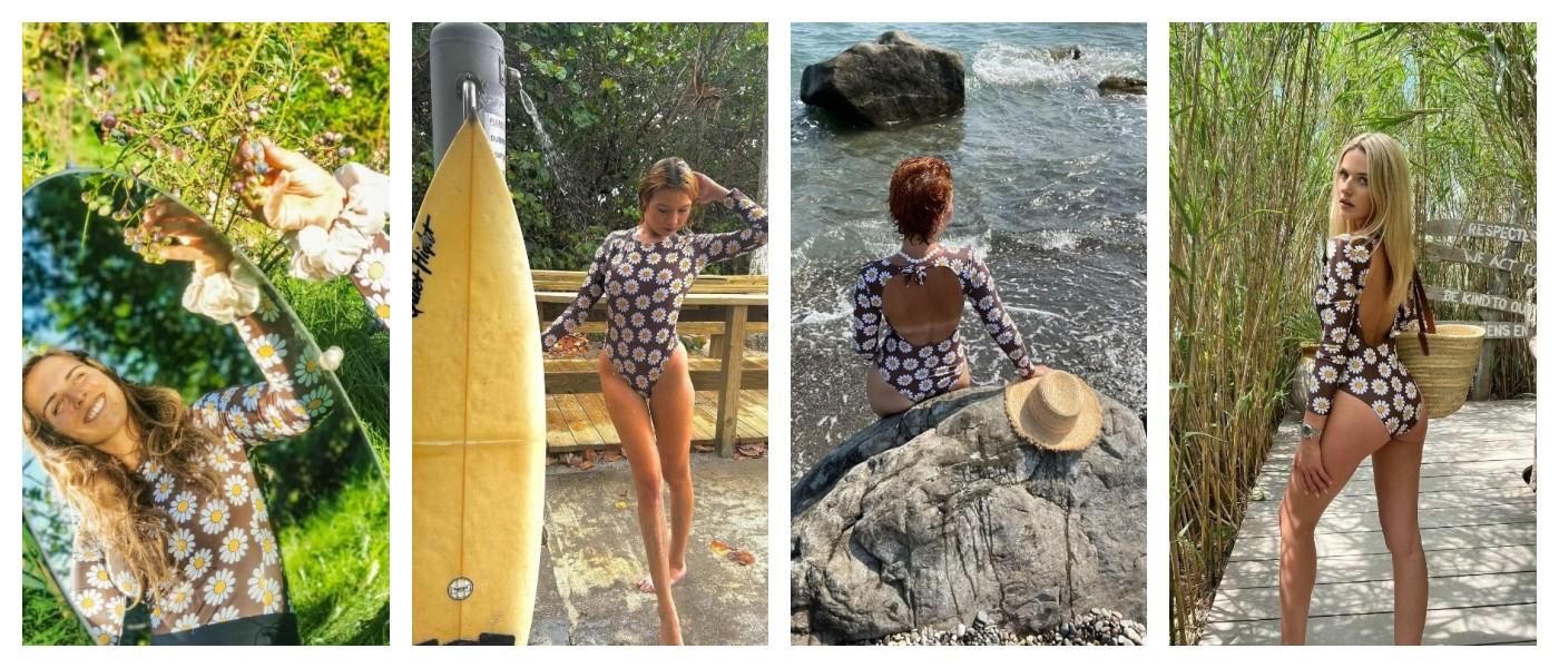 Brown Daisy Floral Cut Out Long Sleeve UPF 50+ Rashguard Sun Protection Beach Water Swimwear Bathing Suits 2024 for Women Summer Tummy Control Swimsuit Summer Beach Holiday suit Swimming Clothing