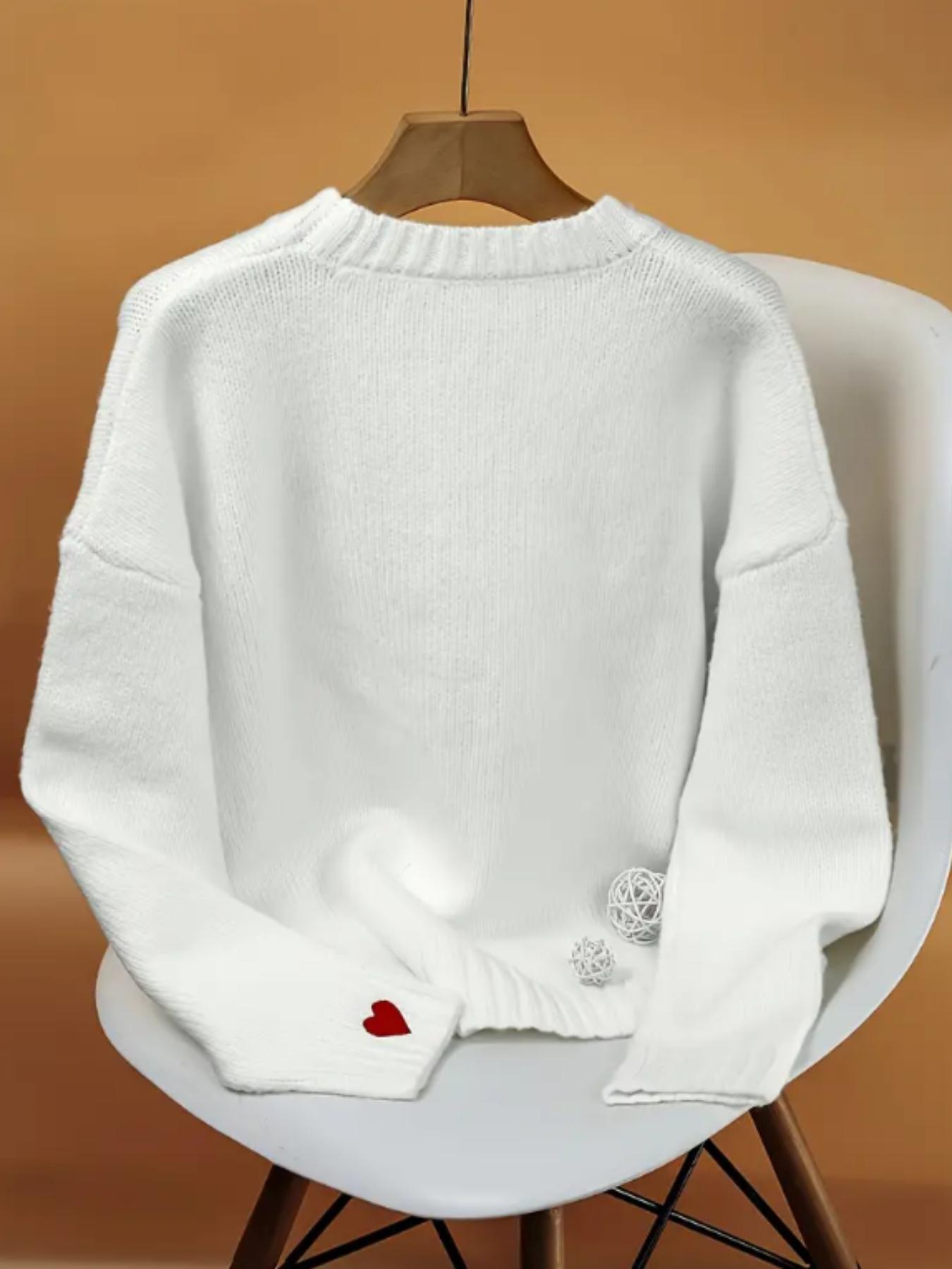 Women's Winter New Fashion Sweater, Embroidered Heart Knitwear, Elegant Casual Woolen Pullover, Loose Long Sleeve Top, Embroidery