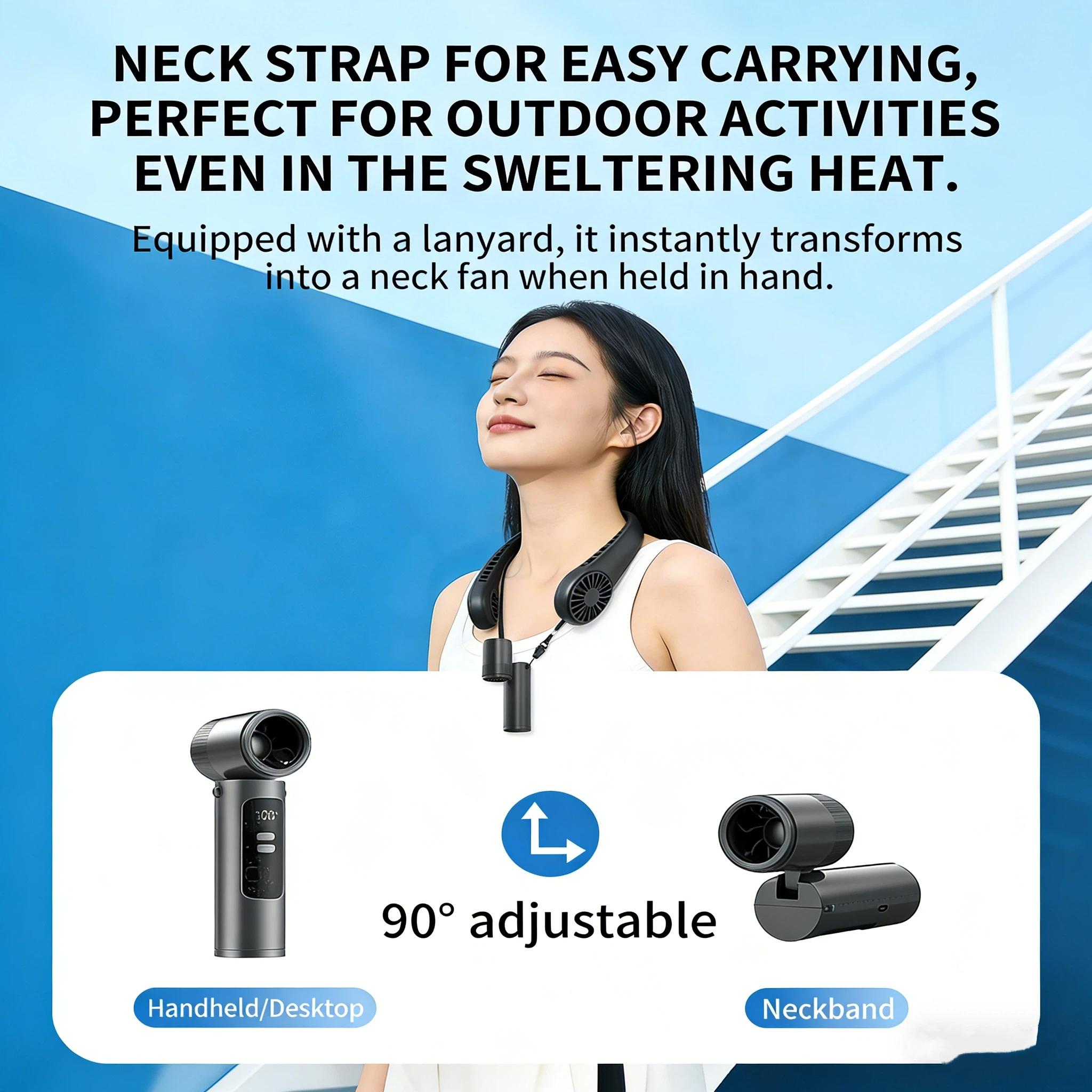 2026 New High-Speed Mini Handheld Fan, 90° Adjustable, Type-C Charging, Digital Display, Portable Neck Fan, Outdoor Travel Cooling Tool