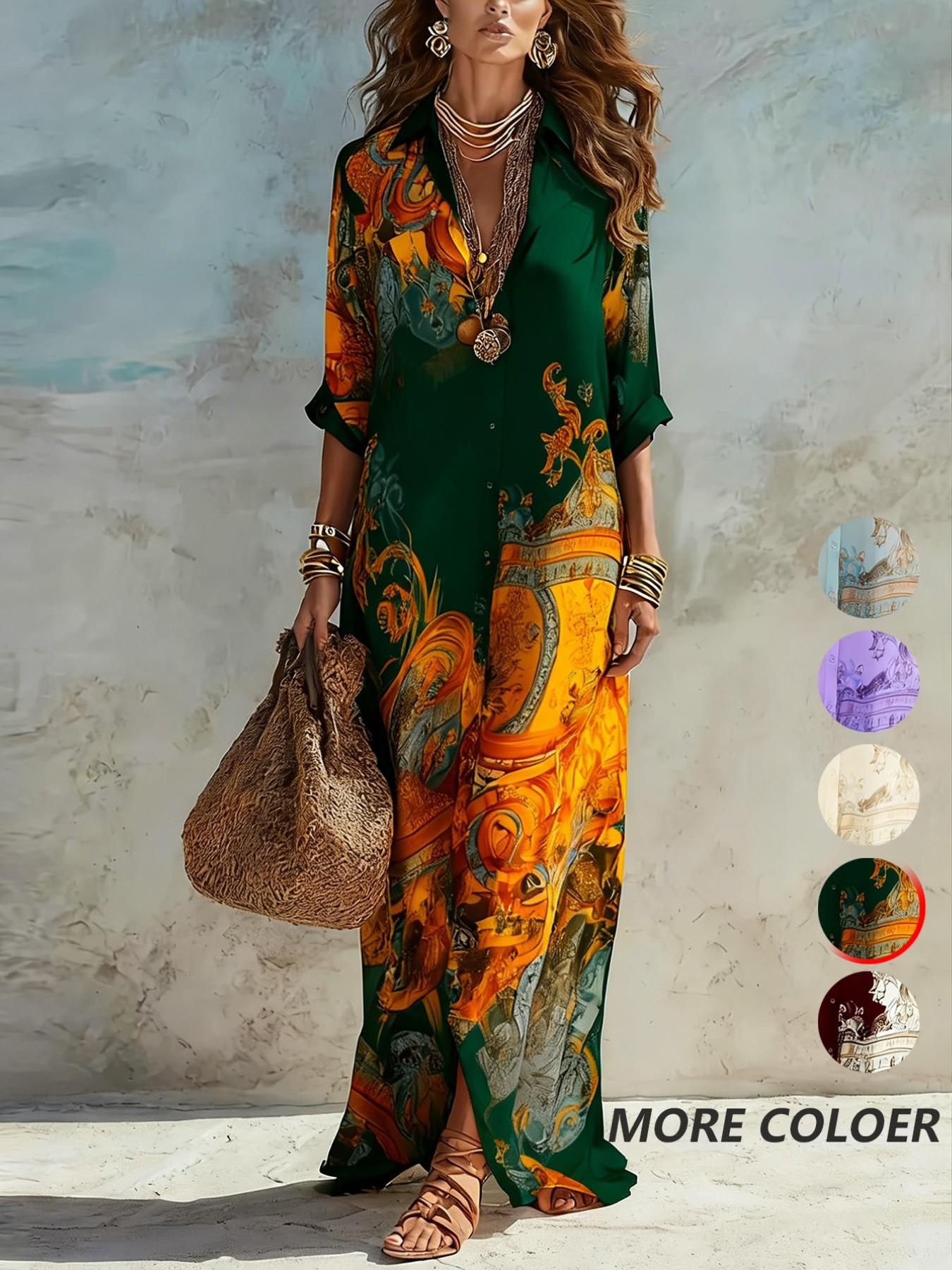 Casual Random Print Notched Lapel Button Long Maxi Slim Fit Dress, Autumn Party Gown, Women's Fashionable Evening Wear, Elegant and Comfortable Design, Elegance