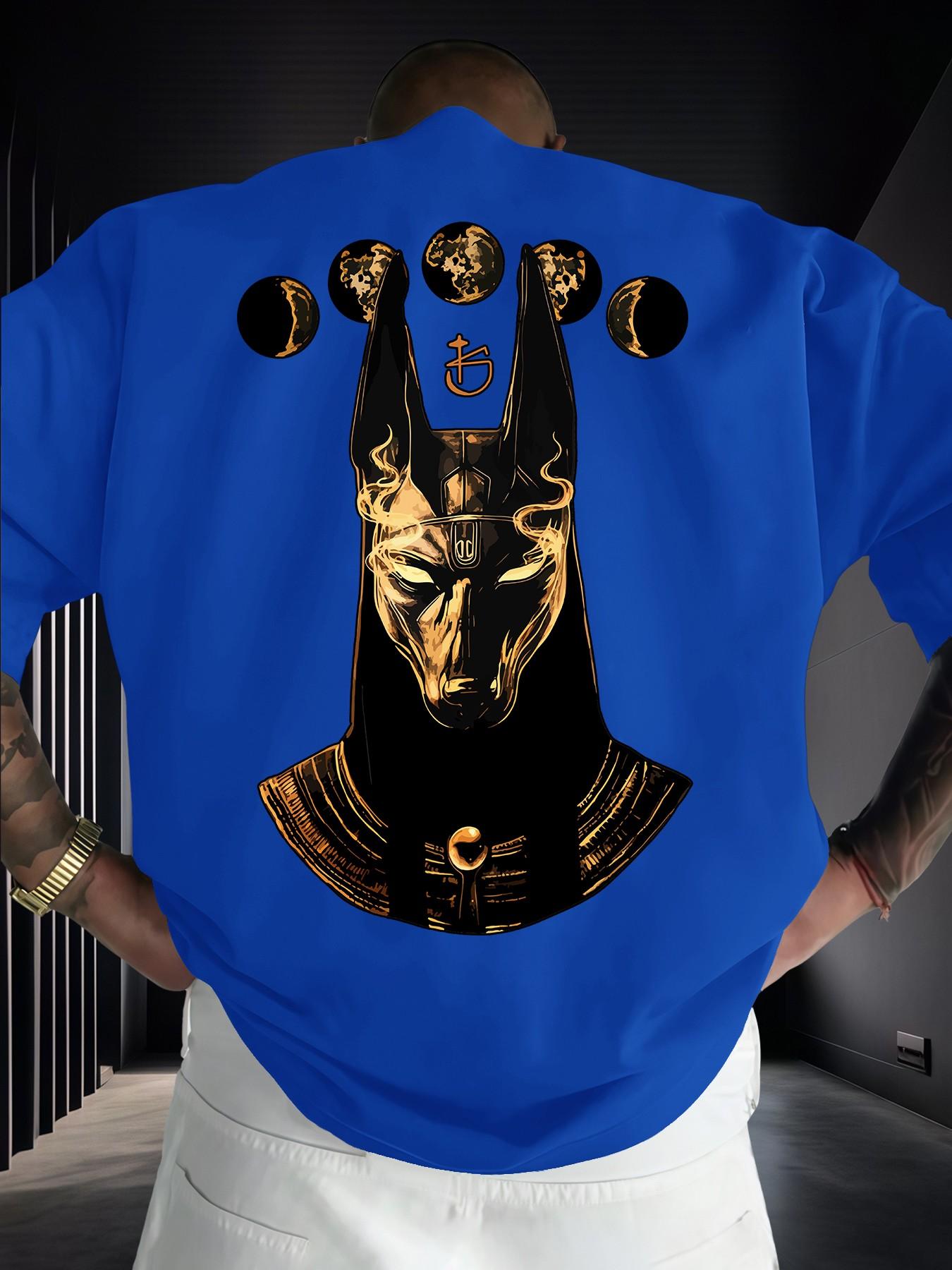 Anubis Moon Phase Egyptian Mythology Print Men's Fashion Short Sleeve Round Neck Casual Summer T-Shirt, Daily Wear