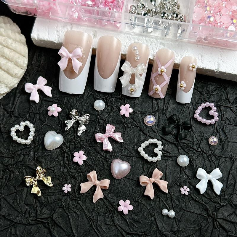 1 Box Pure Color Bow Resin Nail Charms Minimalist Half Round Pearl Alloy Bows Nail Art Decorations DIY Phone Case Nail Crafts