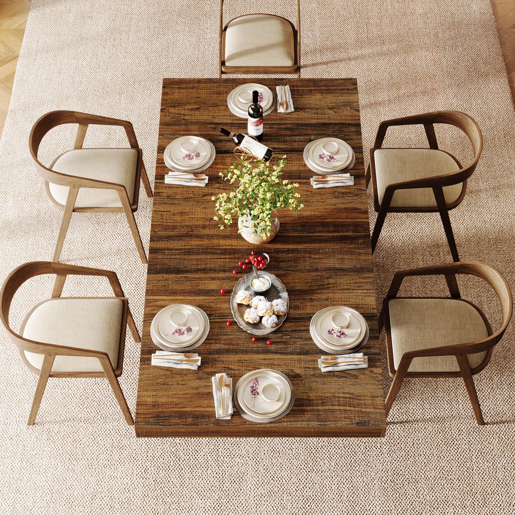 LITTLE TREE 63'' Dining Table for 4-6, Farmhouse Wooden Rectangular Dinner Table with Geometric Relief, Pedestal Base