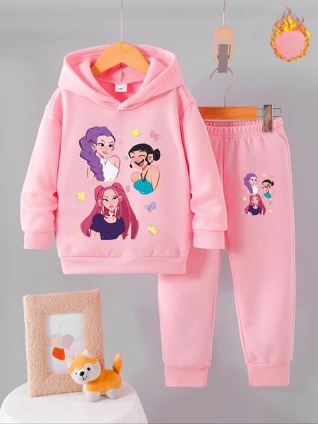 Girls' Fall Winter Fleece Set, Kpop Demon Hunters Cartoon Print Hoodie & Sweatpants, Cute Warm Casual Kids Clothing, Clothes Kids