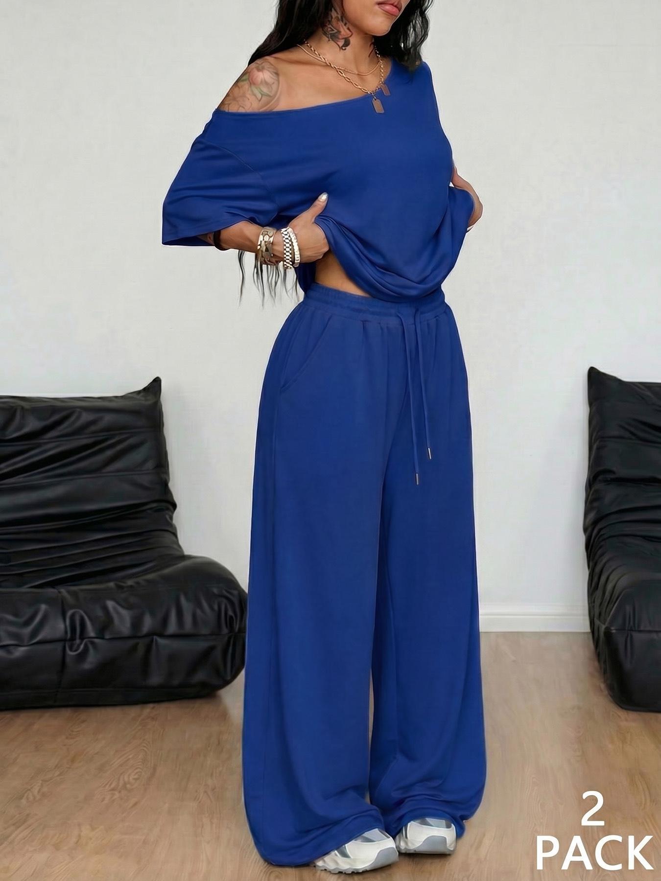 2 Pcs/Set Women's Minimalist Basic Daily Wear, Going Out, Sport Comfortable Off Shoulder T-Shirt and Wide Leg Pants Two Pieces Outfits, Womenswear