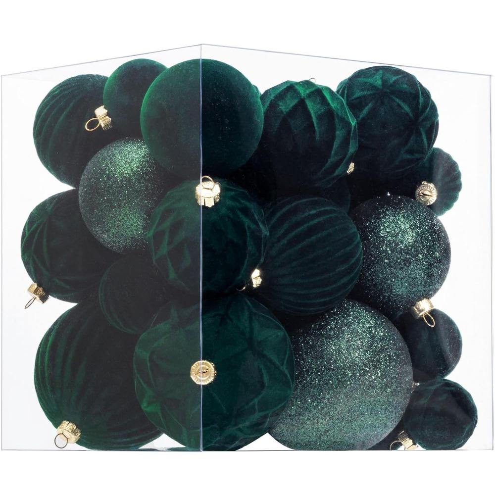 36 Pieces Velvet Christmas Ball Ornaments Dark Green Xmas Tree Decorations Shatterproof Christmas Ornaments Set Modern Elegant Decoration