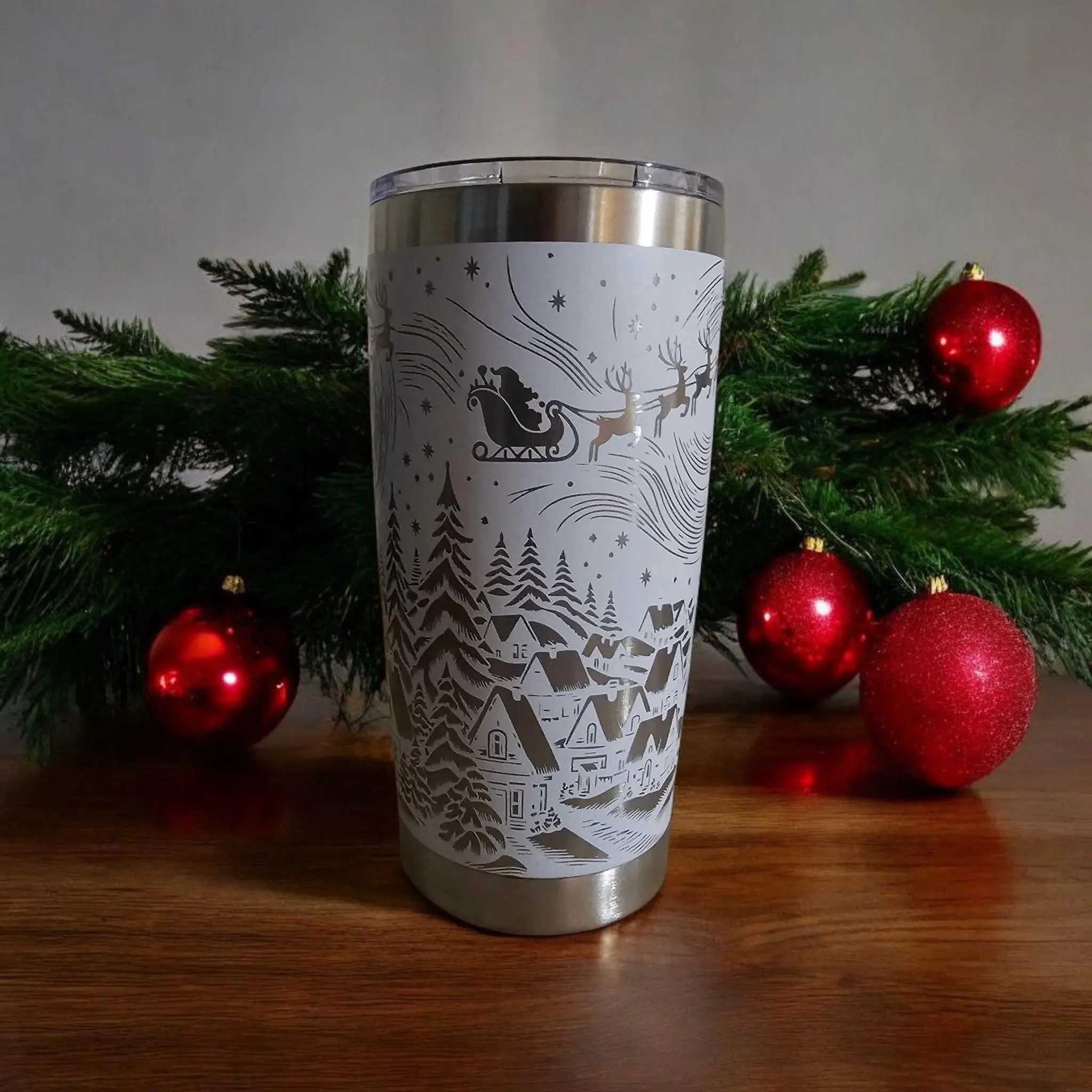 Christmas Tumbler 20 Oz Powder Coated Stainless Steel | 360 Santa Sleigh Scene | Snowy Village Cup | Laser Engraved | Non-peel Design