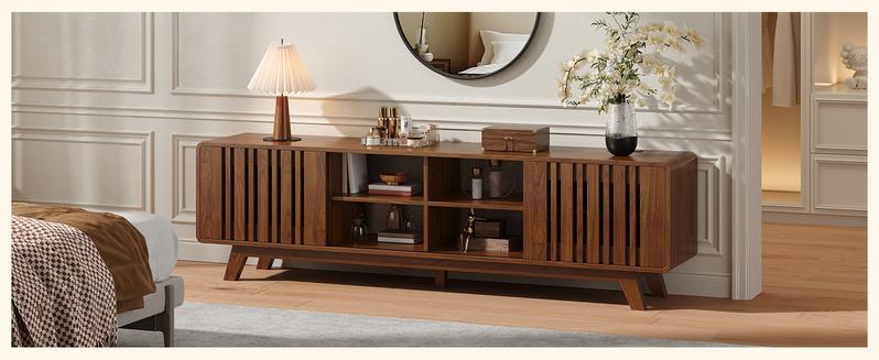 ONBRILL 60/70-Inch TV Stand for TVs up to 80 Inch, Television Stand with Power Outlet, Entertainment Center with Sliding Grille Door Cabinets and Open Shelves for Living Room【BlackFridayDeal】