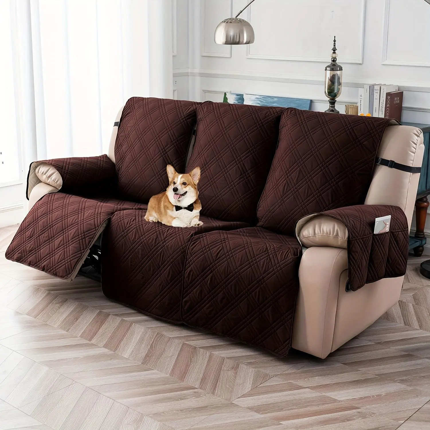 3 Seats Waterproof Non-Slip Elastic Recliner Cover with Side Pocket, for Bedroom Office Living Room, Adjustable Lounge Chaise Slipcover