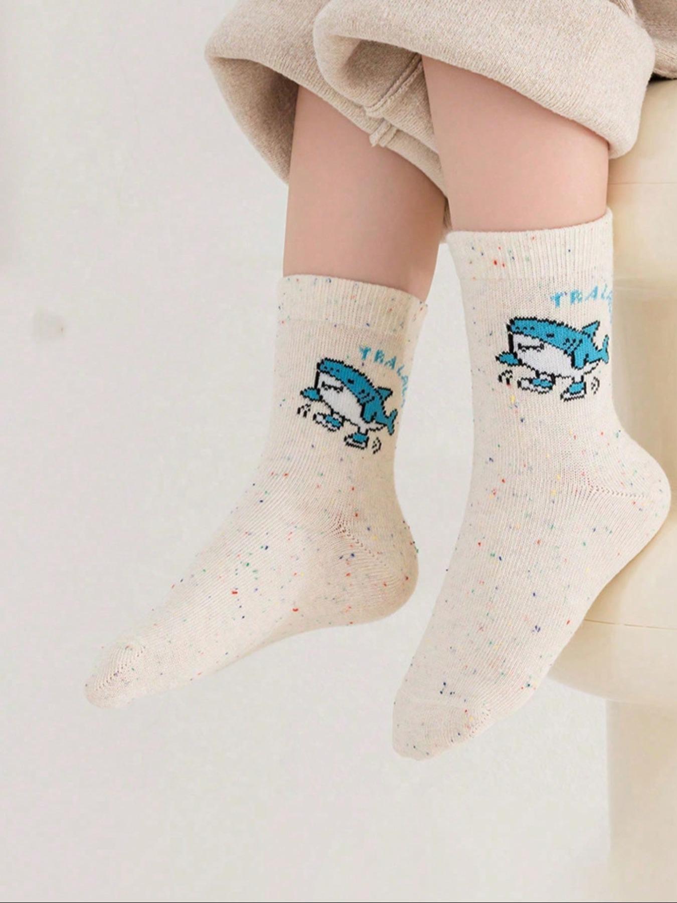 5 Pairs Kids Socks, Student Mid-Calf, Shark Pattern, Banana Monkey Cartoon, Fun Personality, Soft Comfortable, Daily Wear