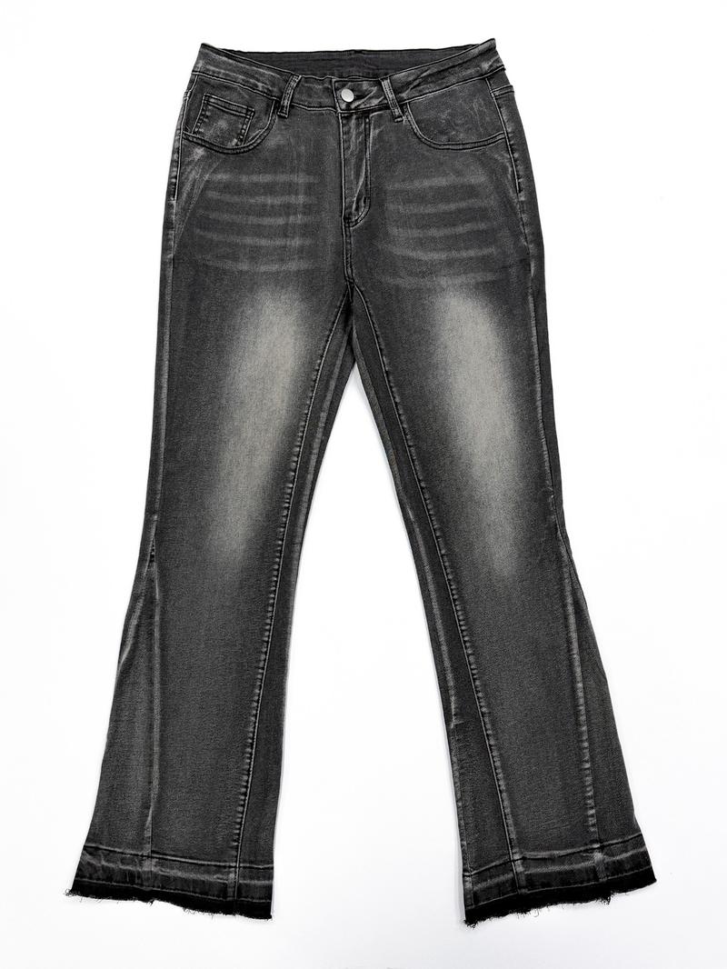 Men's Deep Washed Vintage Slim Fit Bell Bottom Jeans, Trendy Versatile Rock American Streetwear Denim Jeans