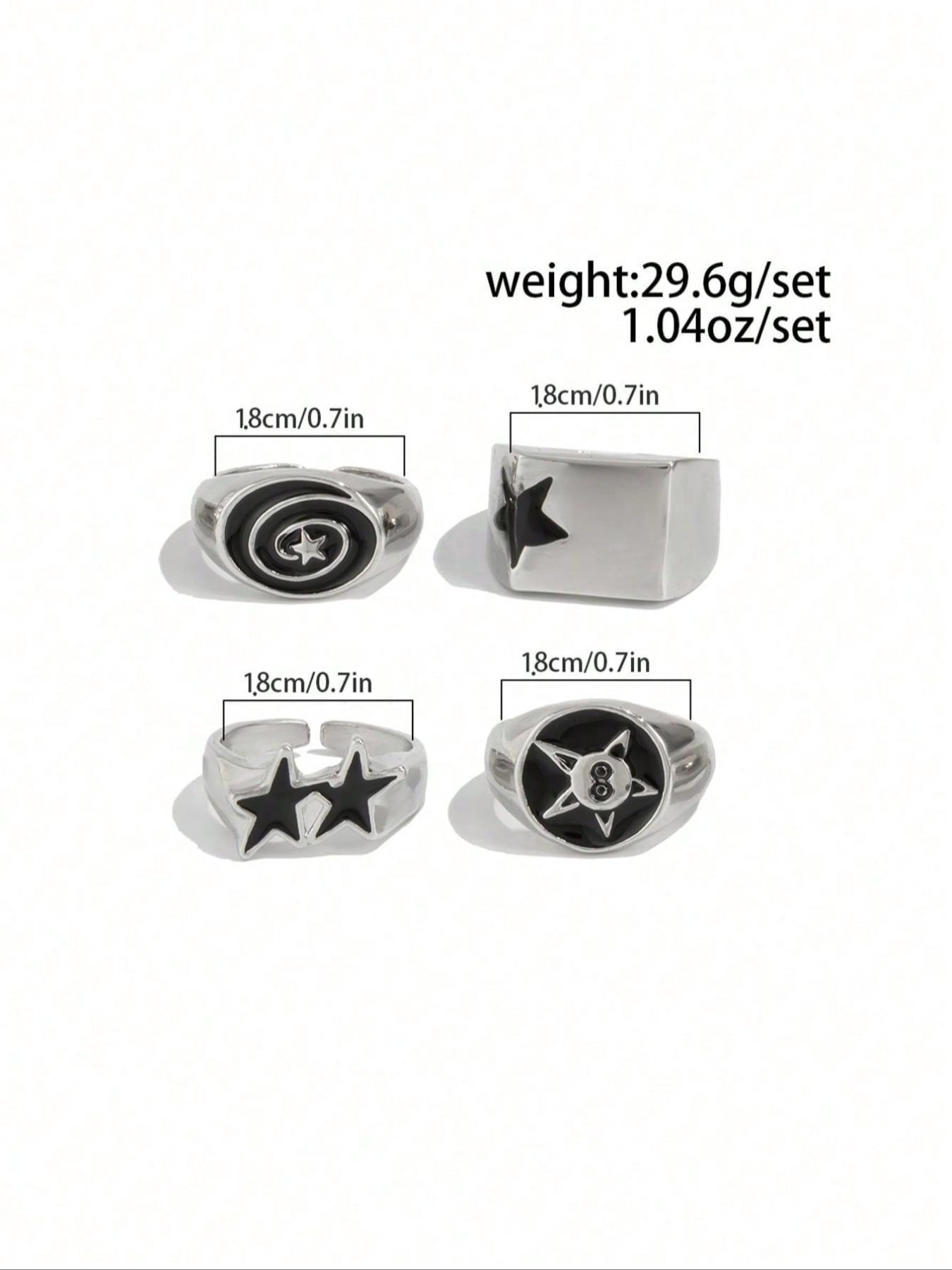 Vintage Star Head Ring Set, Dark Punk Joint Rings, Holiday Gift, Street Style Charm Accessories, 4 Piece, Stackable Rings, Statement Multi Ring, All Seasons