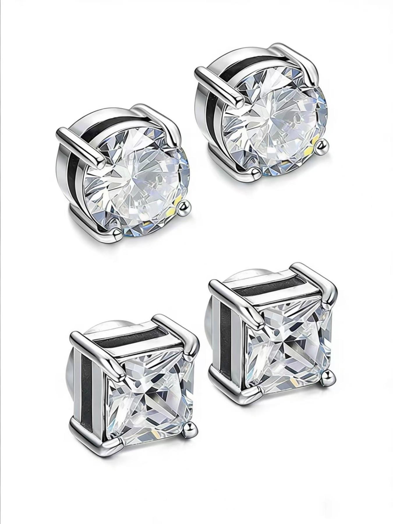4pcs Simple Stainless Steel Cubic Zirconia Ear Clips, Sparkling Zirconia Magnetic Design Unisex Jewelry Set, Perfect Gift for All Seasons