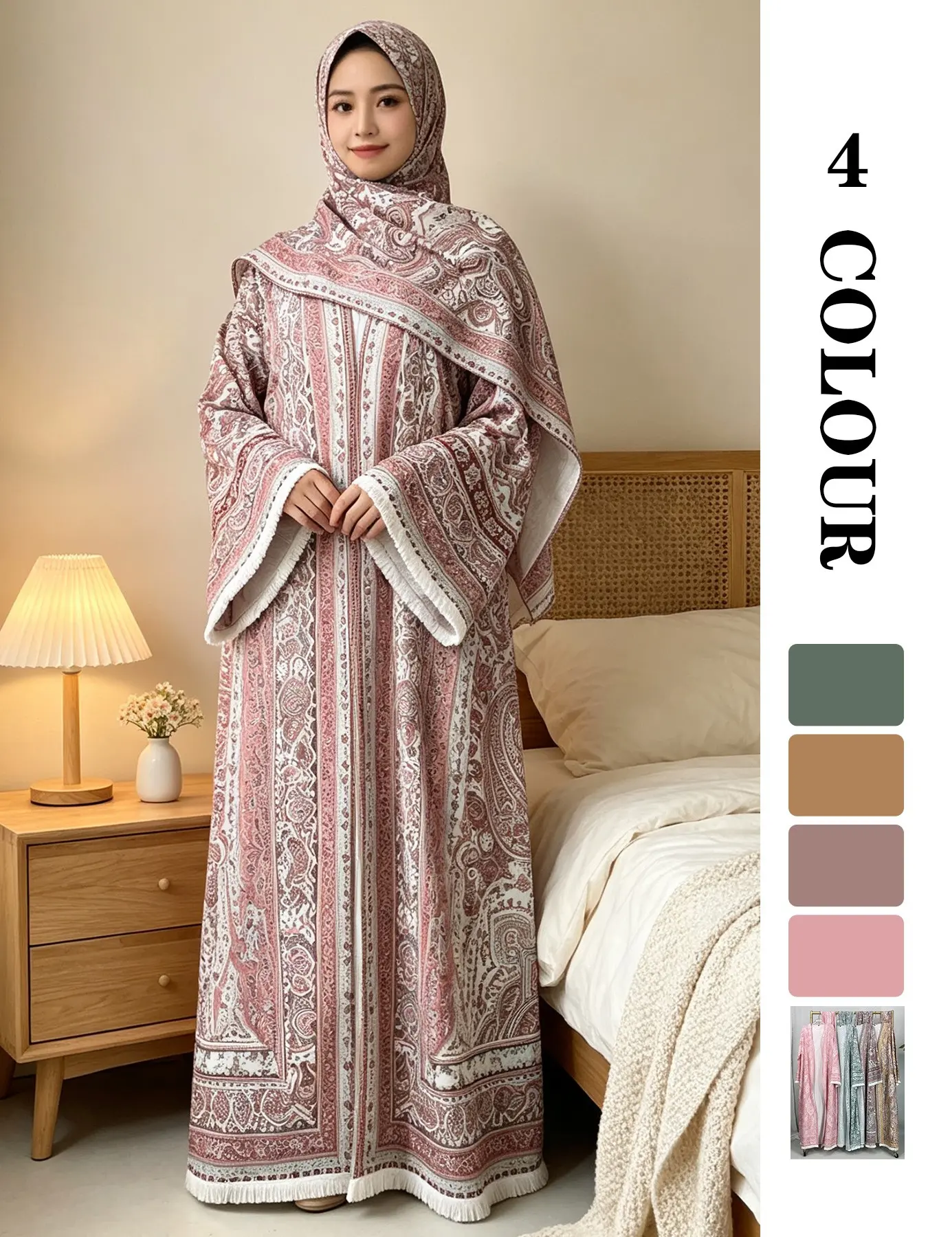 Muslim Sleepwear Set with Hijab, Pashmina Texture Print Abaya, Breathable Polyester, Ideal for Gatherings and Prayers